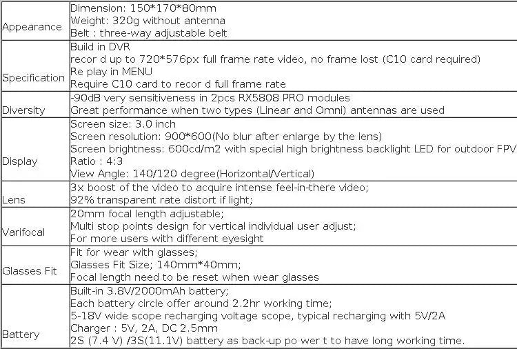 Eachine EV800DM FPV Goggle - نظارات Varifocal 5.8G 40CH المتنوعة FPV مع HD DVR 3 بوصة 900x600 سماعة فيديو مدمجة في بطارية FPV Drone VR 20 Eachine EV800DM FPV Goggle, built-in 3,8v/200OmAh battery; each battery circle offer around 2.2