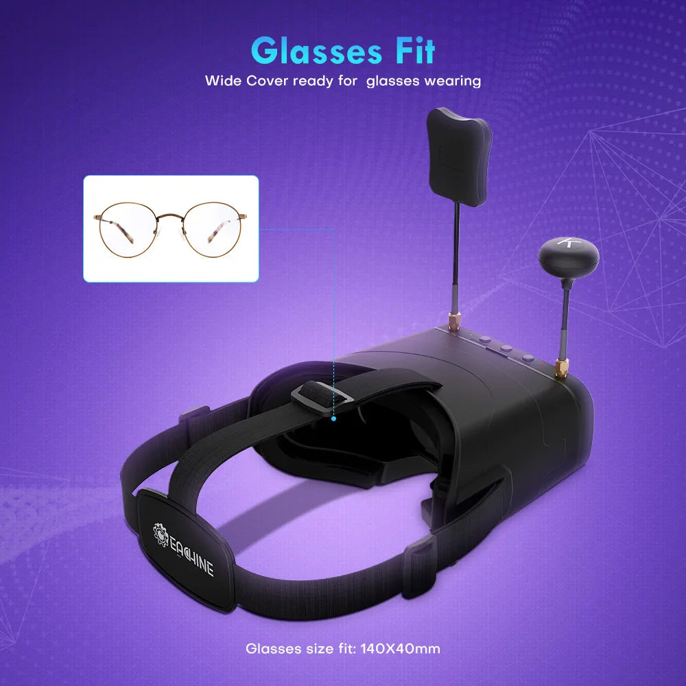 Eachine EV800DM FPV Goggle - نظارات Varifocal 5.8G 40CH المتنوعة FPV مع HD DVR 3 بوصة 900x600 سماعة فيديو مدمجة في بطارية FPV Drone VR 23 Eachine EV800DM FPV Goggle, Glasses Fit Wide Cover ready for glasses wearing Glass size fit: 140X4Omm