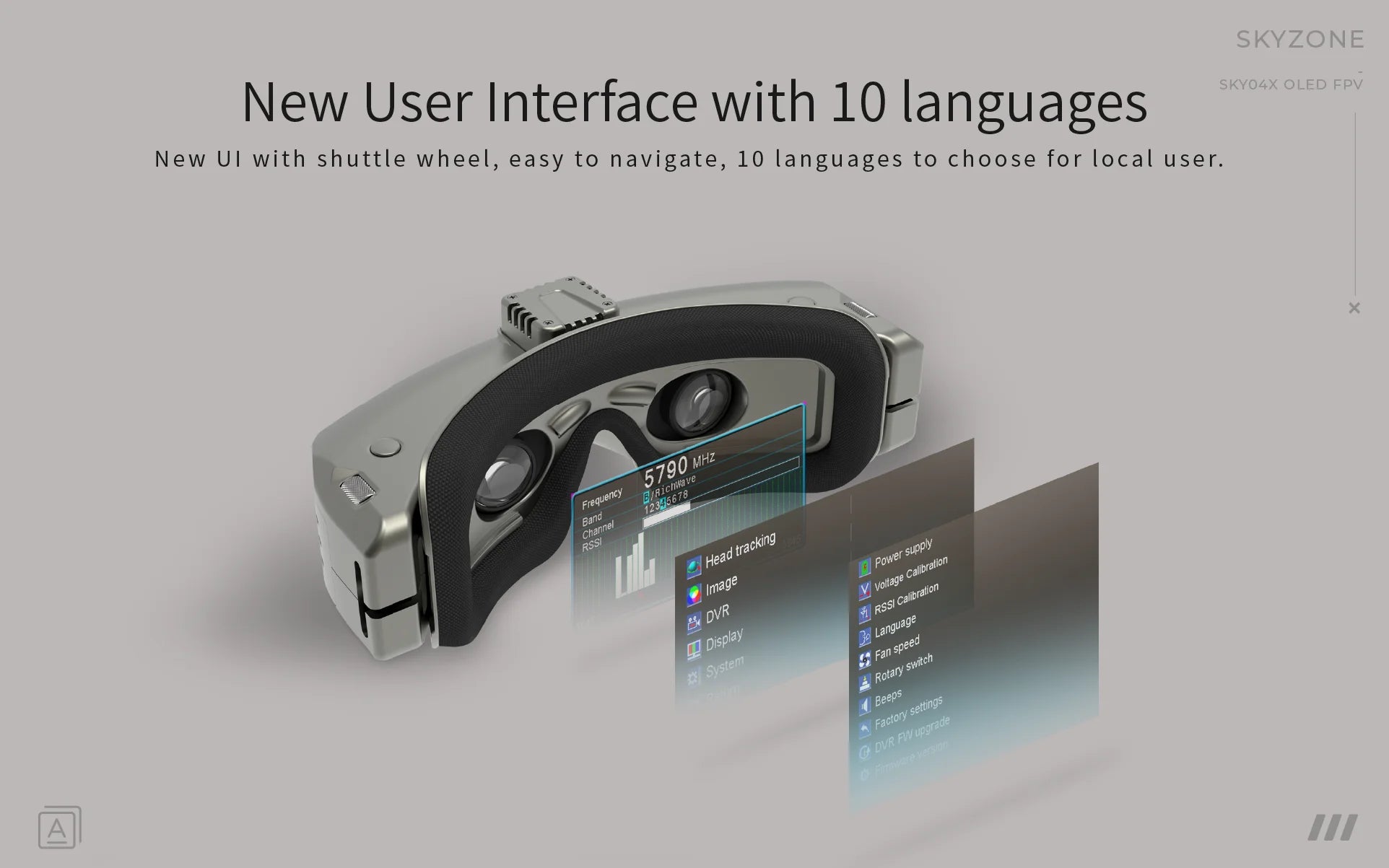SKYZONE 04X V2 FPV Goggle, new UI with shuttle wheel, to navigate, 10 languages to choose for local user .