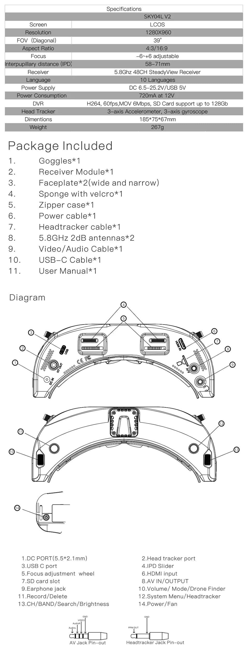 SKYZONE SKY04L V2 04L 04X FPV Goggles, Specifications SKYO4L V2 Screen LCOS Resolution 1280X960
