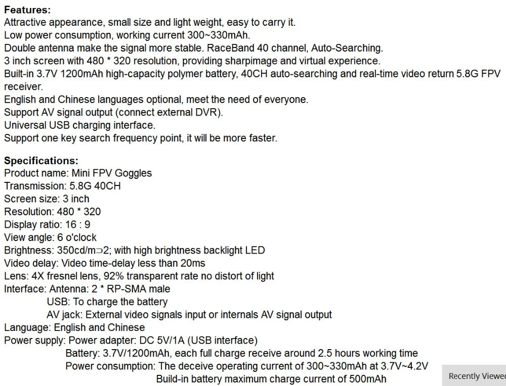 5.8G 40CH FPV Goggles Monitor - Video Glasses Headset HD With Dual 5.8G Antennas 25mW transmitter fpv 600TVL camera for Racing FPV Drone 25 5.8G 40CH FPV Goggle, built-in 3.7V 120OmAh high-capacity polymer battery .