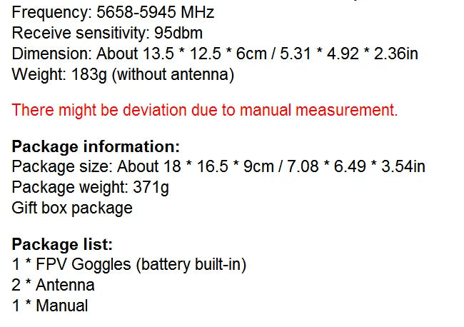 5.8G 40CH FPV Goggles Monitor - Video Glasses Headset HD With Dual 5.8G Antennas 25mW transmitter fpv 600TVL camera for Racing FPV Drone 26 5.8G 40CH FPV Goggle, There might be deviation due to manual measurement Package information: Package size: About 18 16.5 9