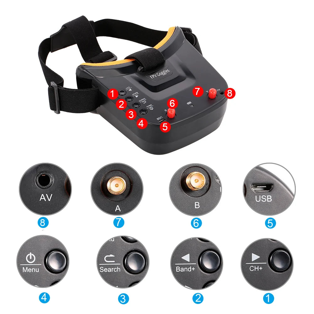 5.8G 40CH FPV Goggles Monitor - Video Glasses Headset HD With Dual 5.8G Antennas 25mW transmitter fpv 600TVL camera for Racing FPV Drone 29 5.8G 40CH FPV Goggles Monitor SPECIFICATIONS Use