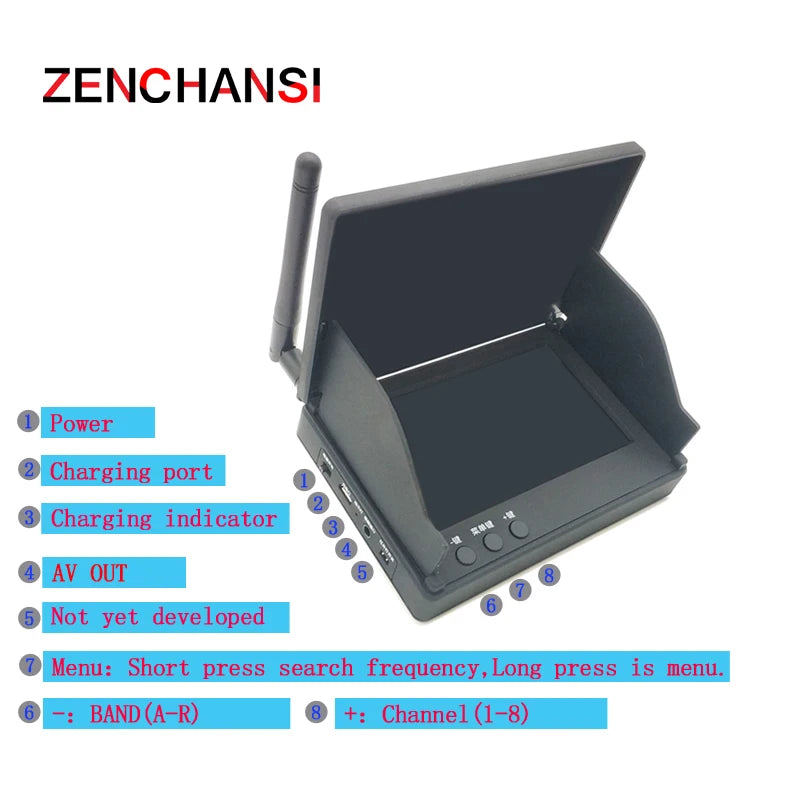 5.8G 40CH FPV Goggles Monitor - Video Glasses Headset HD With Dual 5.8G Antennas 25mW transmitter fpv 600TVL camera for Racing FPV Drone 44 5.8G 40CH FPV Goggle, ZENCHANSI Power Charging port Charging indicator AV OUT Not yet developed