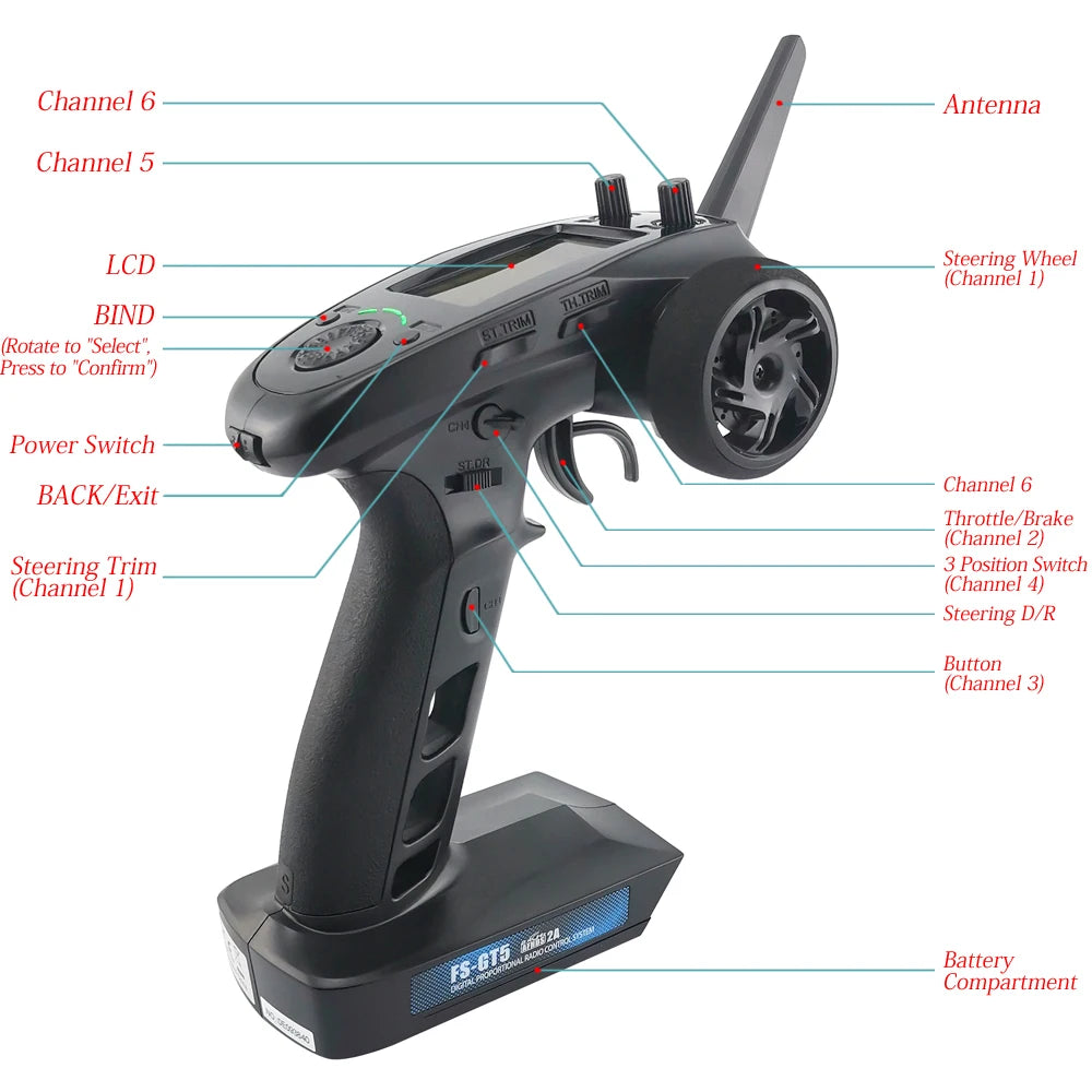 جهاز إرسال FlySky FS-GT5 2.4G 6CH RC - جهاز تحكم عن بعد مع جهاز استقبال FS-BS6 لسيارة RC الزاحفة والقارب ومركبة RC نموذج قطع غيار السيارات 9 FlySky FS-GT5 2.4G 6CH RC Transmitter, Channel 6 Antenna Channel 5 LCD Steering Wheel (Channel 1) B