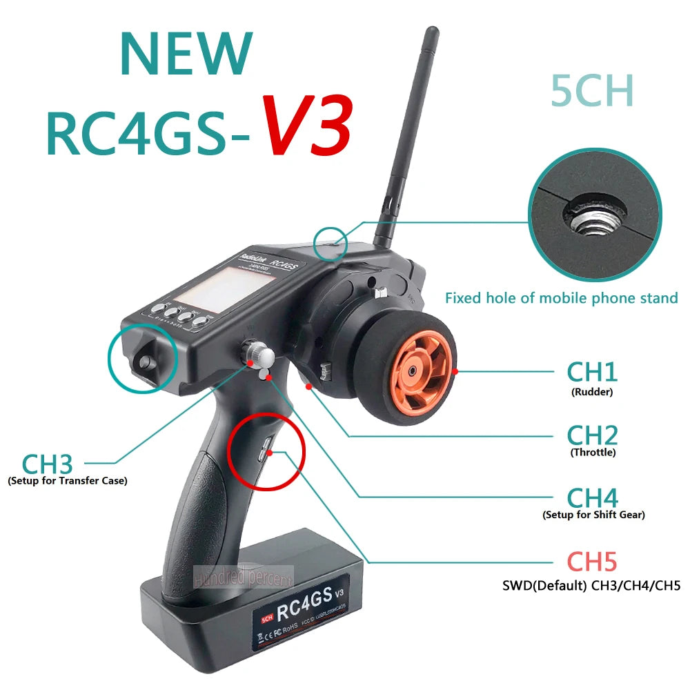 جهاز إرسال للتحكم عن بعد من RadioLink RC4GS V3 - 2.4G 4CH 5CH 7CH 400M + جهاز استقبال داخلي R6Fg لقارب سيارة RC V4V5 20 RadioLink RC4GS V3, RC4GS-V3 Fixed hole of mobile phone stand CH1 (Rudder)