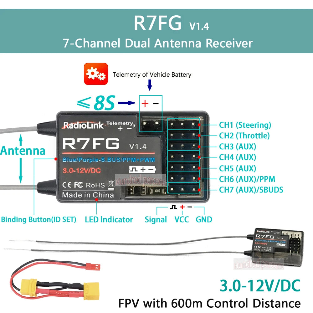 جهاز إرسال للتحكم عن بعد من RadioLink RC4GS V3 - 2.4G 4CH 5CH 7CH 400M + جهاز استقبال داخلي R6Fg لقارب سيارة RC V4V5 36 RadioLink RC4GS V3, RZFG V1.A4 7-Channel Dual Antenna Receiver