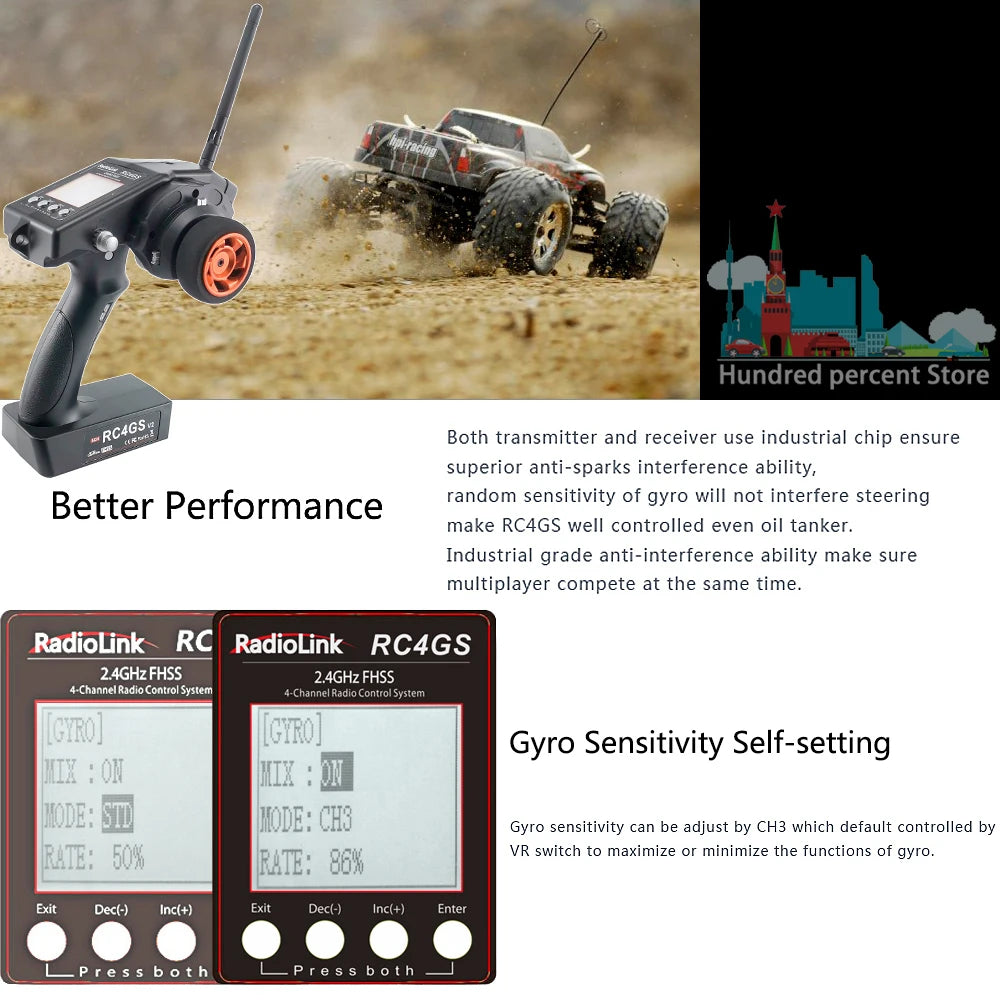 جهاز إرسال للتحكم عن بعد من RadioLink RC4GS V3 - 2.4G 4CH 5CH 7CH 400M + جهاز استقبال داخلي R6Fg لقارب سيارة RC V4V5 40 RadioLink RC4GS V3, industrial chip ensure superior anti-sparks interference ability . better performance random sensitivity of