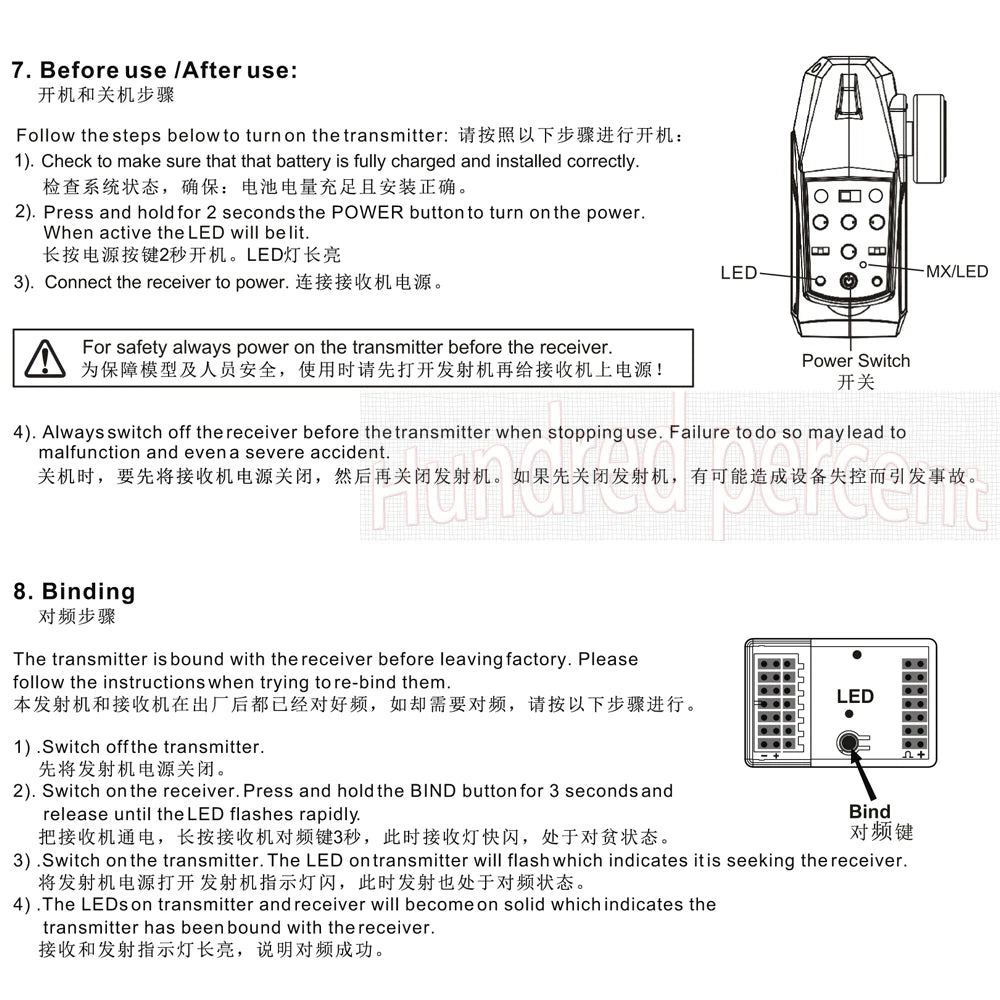Flyueace T-6819C, for safety always power on the transmitter before the receiver . failure to do so may lead to