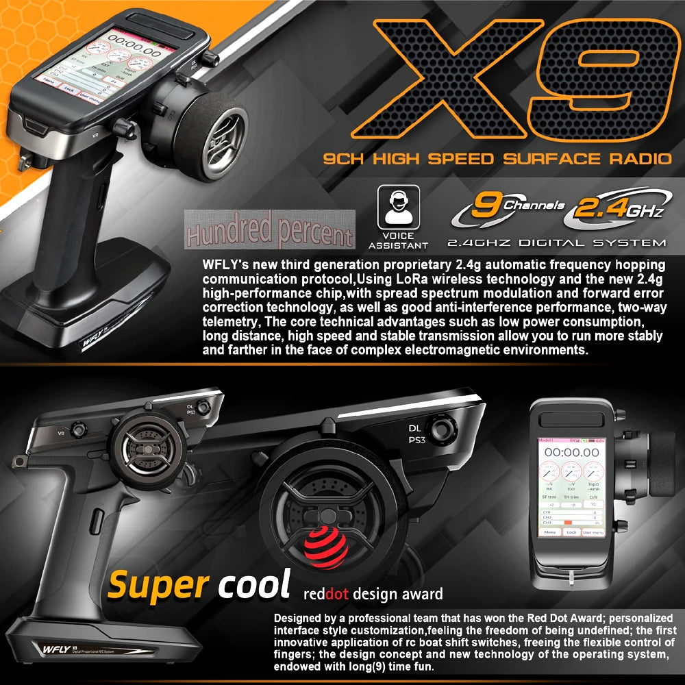 WFLY X9 Radio Remote Controller, new third generation proprietary 2.4g automatic frequency hopping protocol . uses LoRa wireless