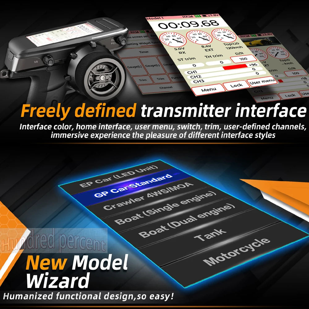 WFLY X9 Radio Remote Controller, freely defined transmitter interface Interface color, home interface, user menu, switch, trim, user