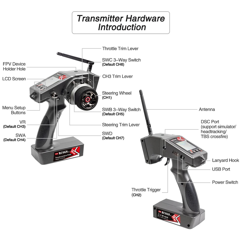Radiolink RC6GS V3 - 2.4G 7 Channel RC Radio, SWC 3_Way Switch FPV Device (Default CHG) Holder Hol