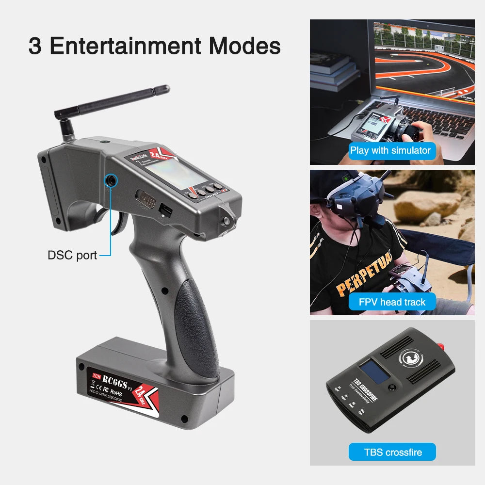 Radiolink RC6GS V3 - 2.4G 7 Channel RC Radio, 3 Entertainment Modes with simulator DSC port FPV head track JCA (6R T