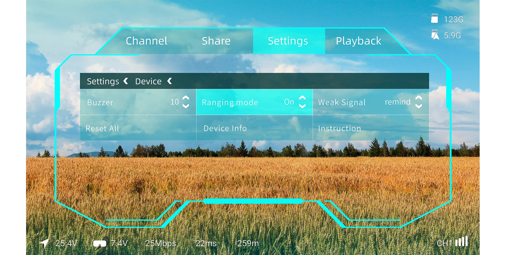 123G 5.9G Channel Share Settings Playback Settings Device Buzzer 10 Ranging mode