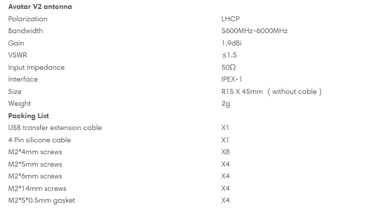 Avatar V2 antenna Polarization LHCP Bandwidth 56OOMHz-6OO