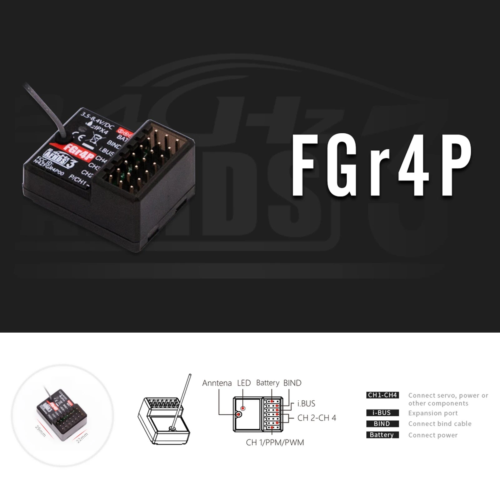 جهاز استقبال FlySky FGR4P 2.4 جيجا هرتز 4CH - مخرج AFHDS 3 PWM/PPM/I.bus/S.bus لجهاز إرسال FSG4P RC لقارب السيارة 10 FlySky FGR4P 2.4GHz 4CH Receiver, FlySky FGR4P 2.4