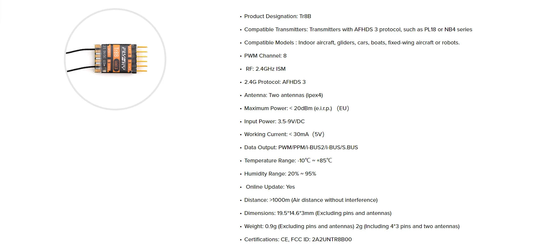 FlySky Tr8B Receiver, Tr8B Compatible Transmitters: PLI8 or NB4 series Compatible Models
