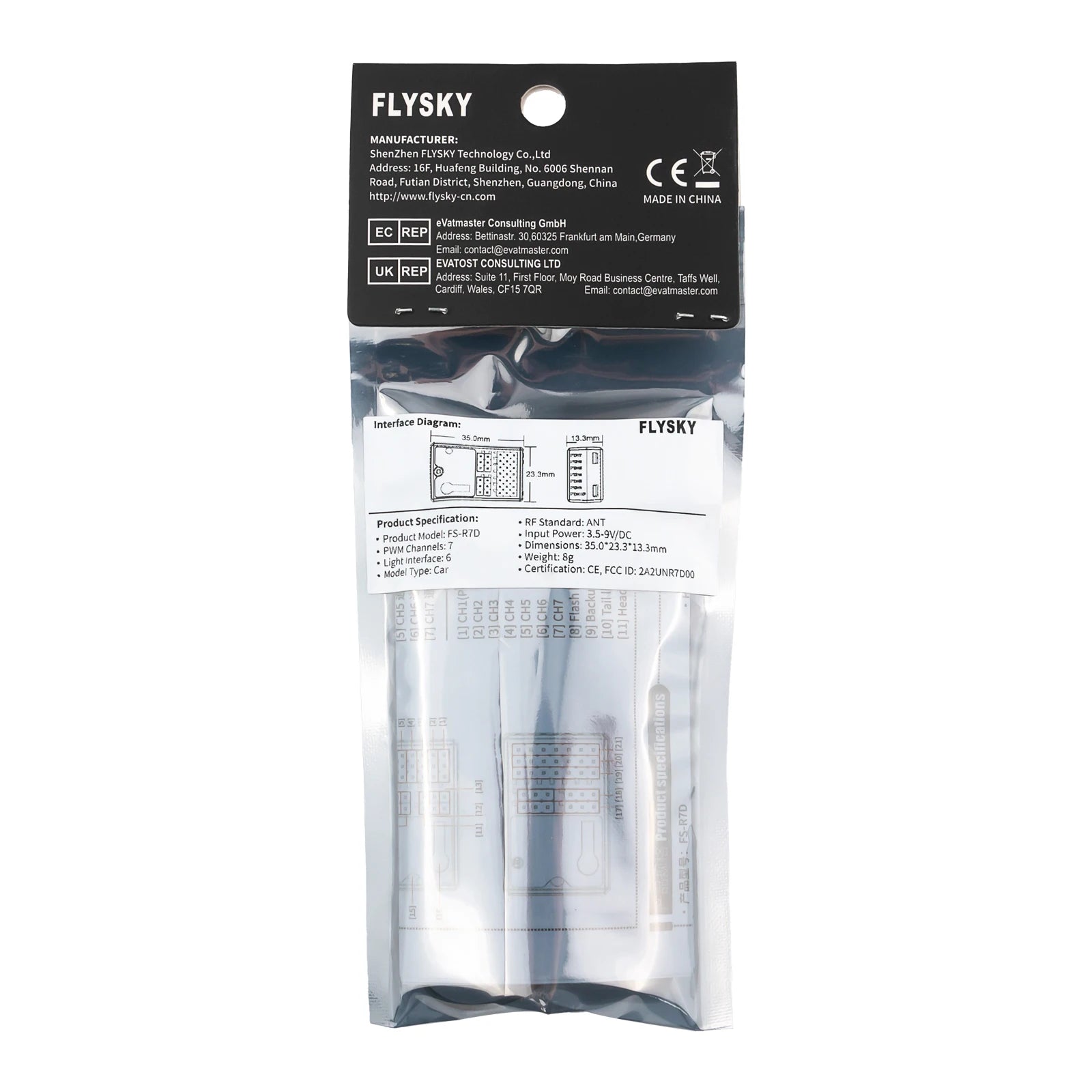 FLYSKY FS-R7D 7CH 2.4G Receiver, eVatmaster Consulting GmbH EC REP Address: Bettinastr. 30,60
