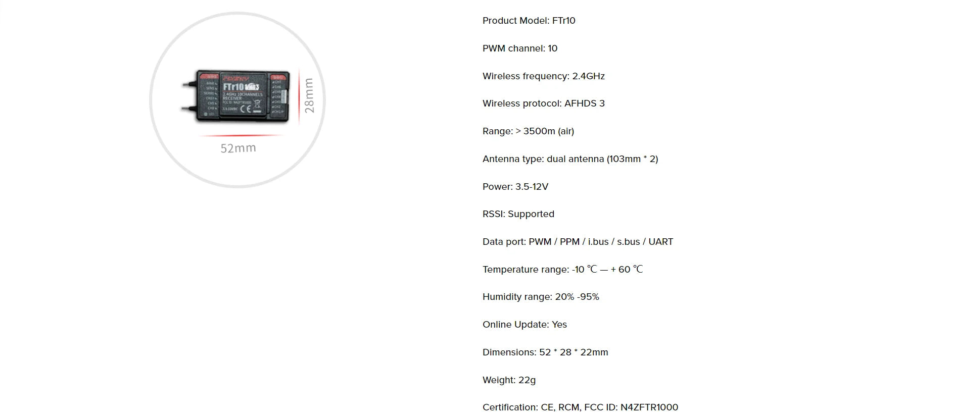 FLYSKY FTR10 2.4Ghz 10CH receiver, FTr1O PWM channel: 10 Wireless frequency: 2.4GHz Finots