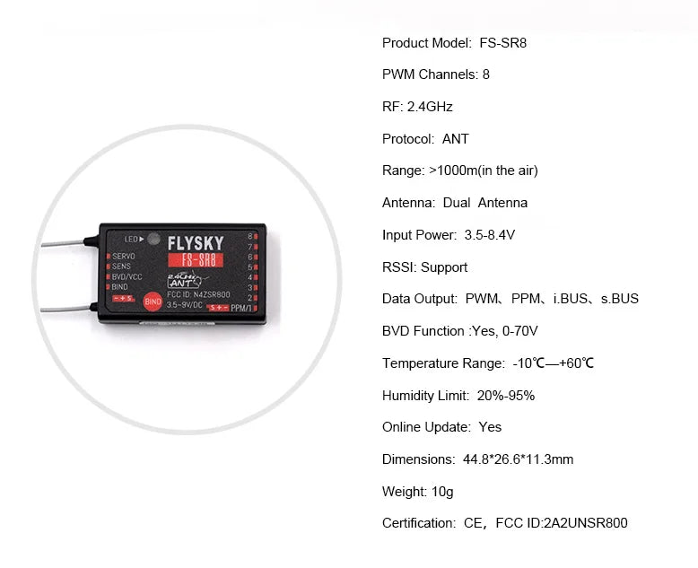 Flysky 2.4G ANT Protocol Receiver, FS-SR8 PWM Channels: 8 RF: 2.4GHz Protocol: