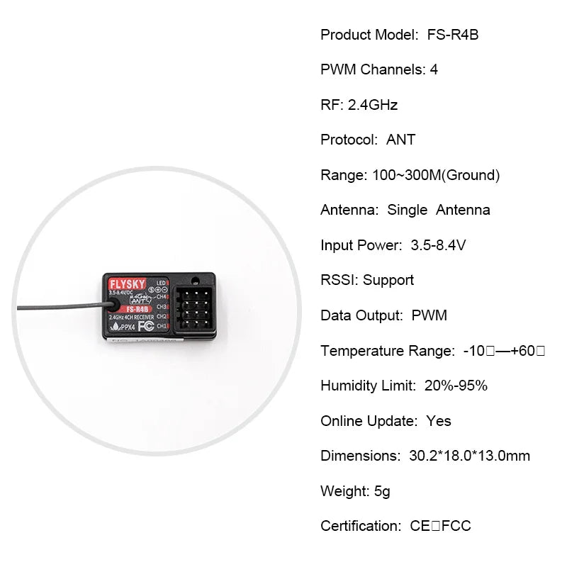 Flysky 2.4G ANT Protocol Receiver, FS-R4B PWM Channels: 4 RF: 2.4GHz Protocol