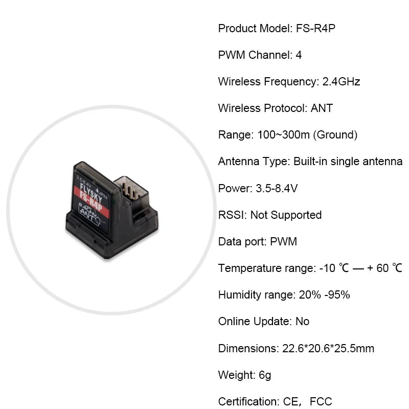 Flysky 2.4G ANT Protocol Receiver, FS-RAP PWM Channel: 4 Wireless Frequency: 2.4GHz Wireless