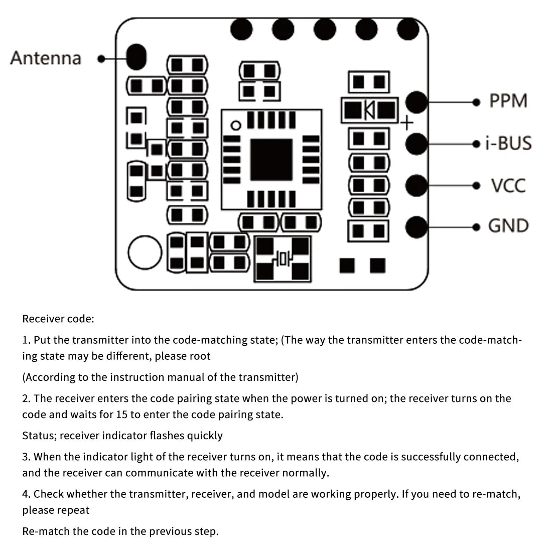 Flysky FS-IA8X 2.4GHz8CH Receiver, put the transmitter into the code-matching state when the power is turned on . the