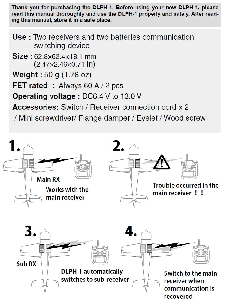 Futaba DLPH-1 Dual Link System, use the DLPH-1 properly and safely: after reading this manual, store it in 