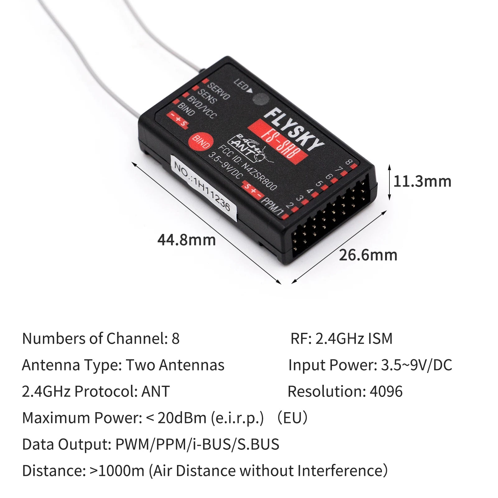 FLYSKY FS-SR8 2.4G 8CH Receiver, RF: 2.4GHz ISM Antenna Type: Two Antennes In