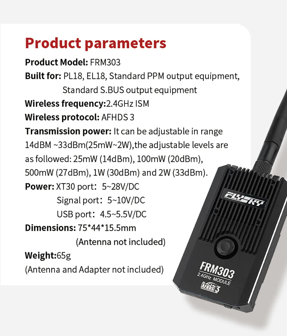 FLYSKY FRM303 2.4GHz TX Module, the adjustable levels are as follows: 25mW (14dBm); 10Om