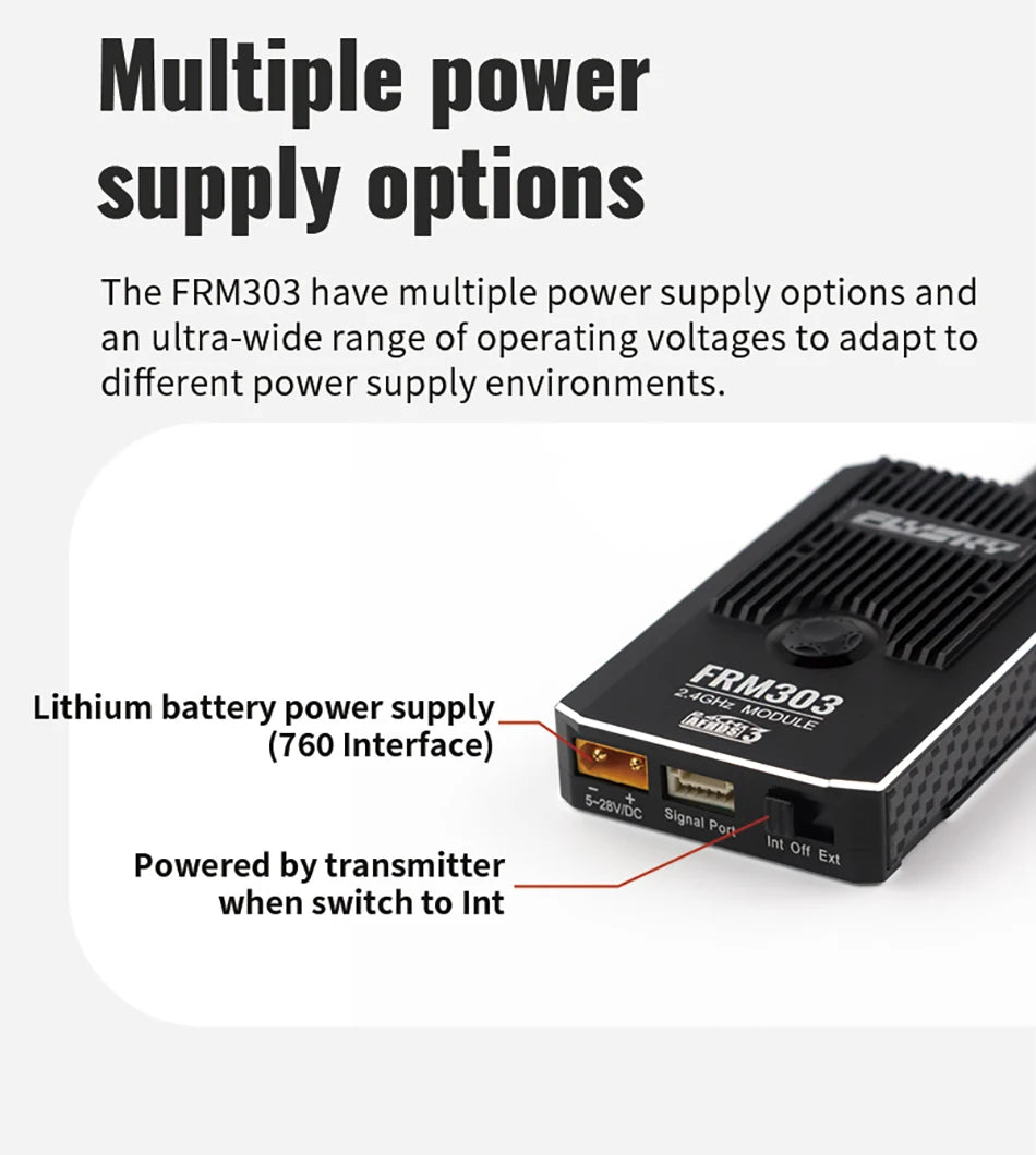 FLYSKY FRM303 2.4GHz TX Module, FRM3O3 have multiple power supply options and an ultra-wide range of operating voltage