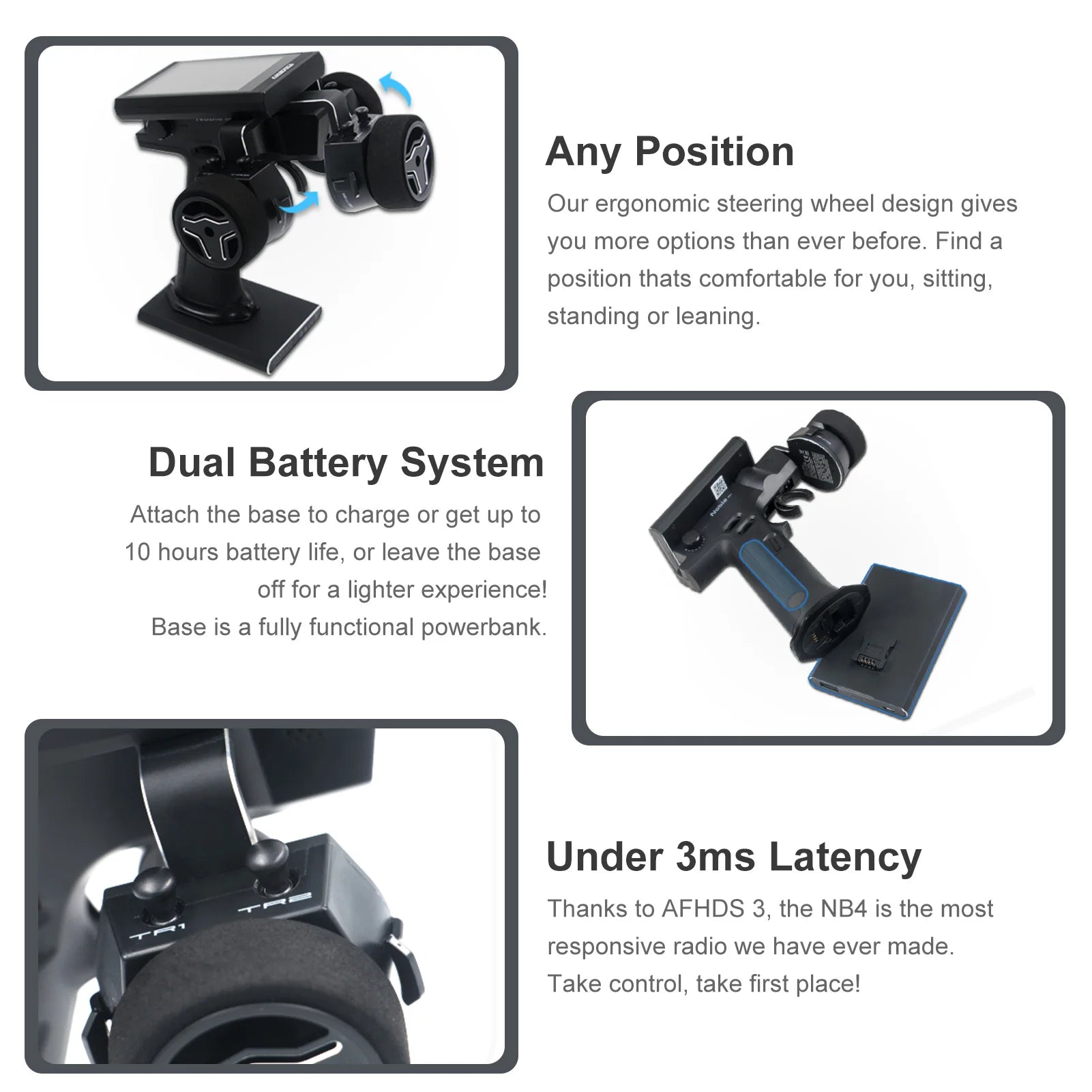 Flysky Noble NB4 2.4G 4CH Radio Transmitter, position Our ergonomic steering wheel design gives you more options than ever before . Dual Battery System Attach