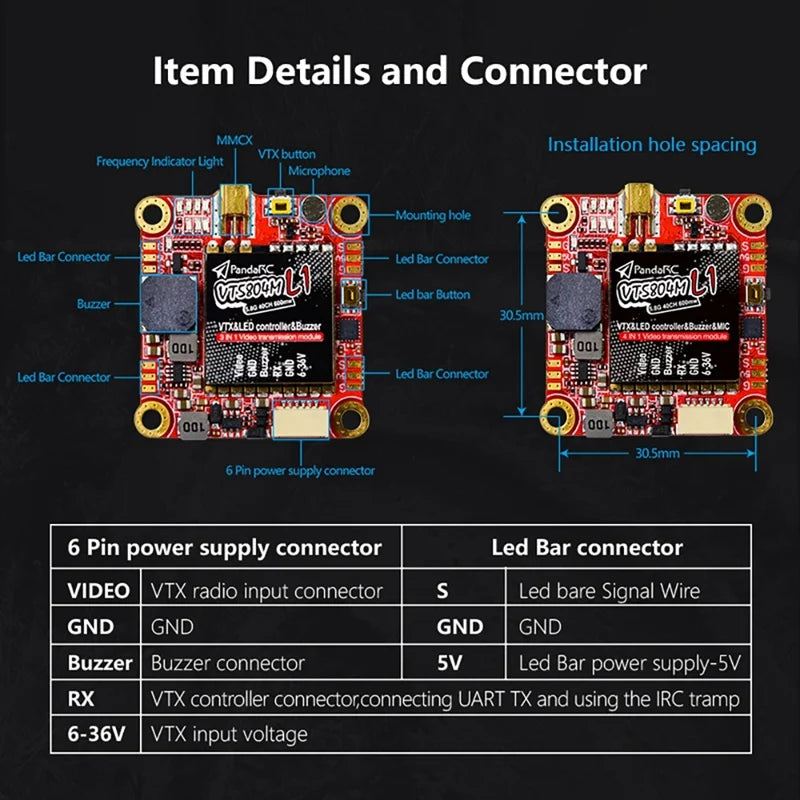 Pandarc VT5804M L1 VTX, Led Bar Connector MMC Installation hole spacing ViXbutton Frequency Indic