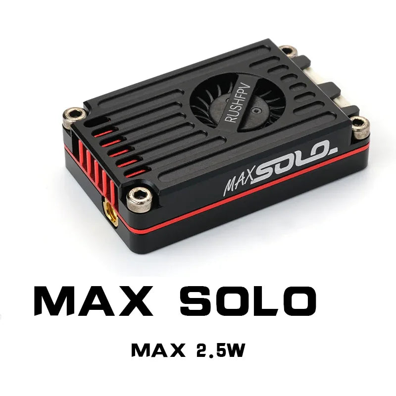 Rushfpv RUSH TANK MAX SOLO VTX - 5.8 جيجا هرتز 2.5 وات 48 قناة جهاز إرسال فيديو عالي الطاقة مع غلاف CNC لطائرات بدون طيار RC FPV طويلة المدى ثابتة الأجنحة DIY 23 Rushfpv RUSH TANK MAX SOLO VTX, low noise DC-DC power supply drsign oor clean screens