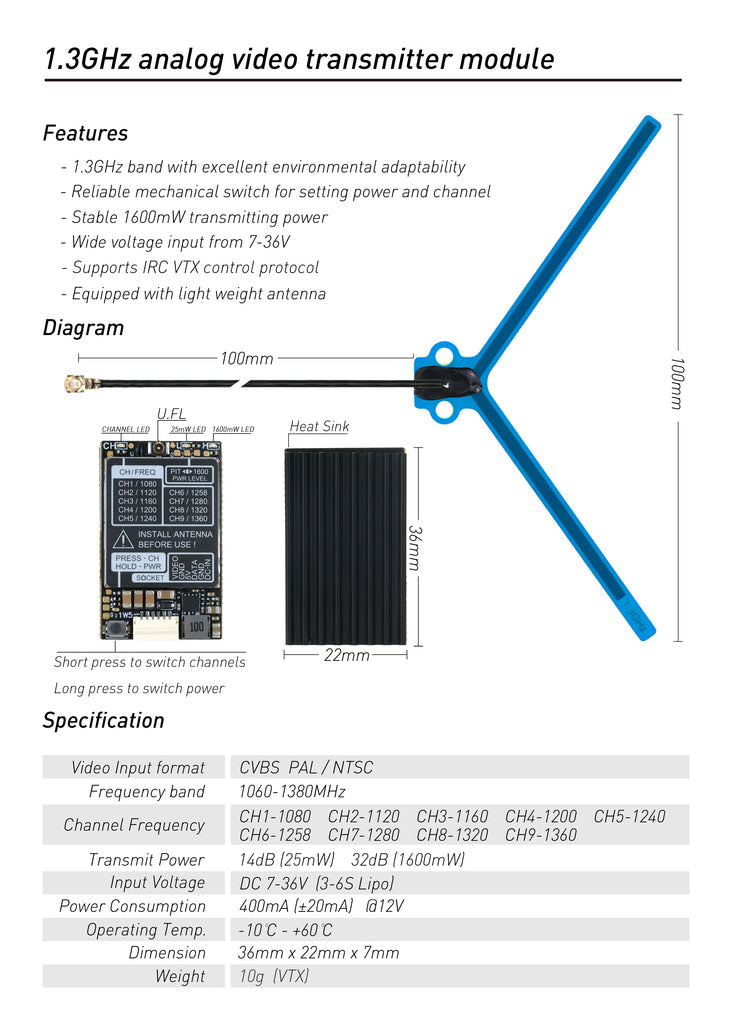 RushFPV 1.6W 1.3G VTX - 1.3GHZ 9CH 1600mW FPV وحدة إرسال الفيديو التناظرية 7 RushFPV 1.6W 1.3G VTX, 1.2GHz analog video transmitter module Features 1.3GHz band with excellent environmental adaptability Reliable