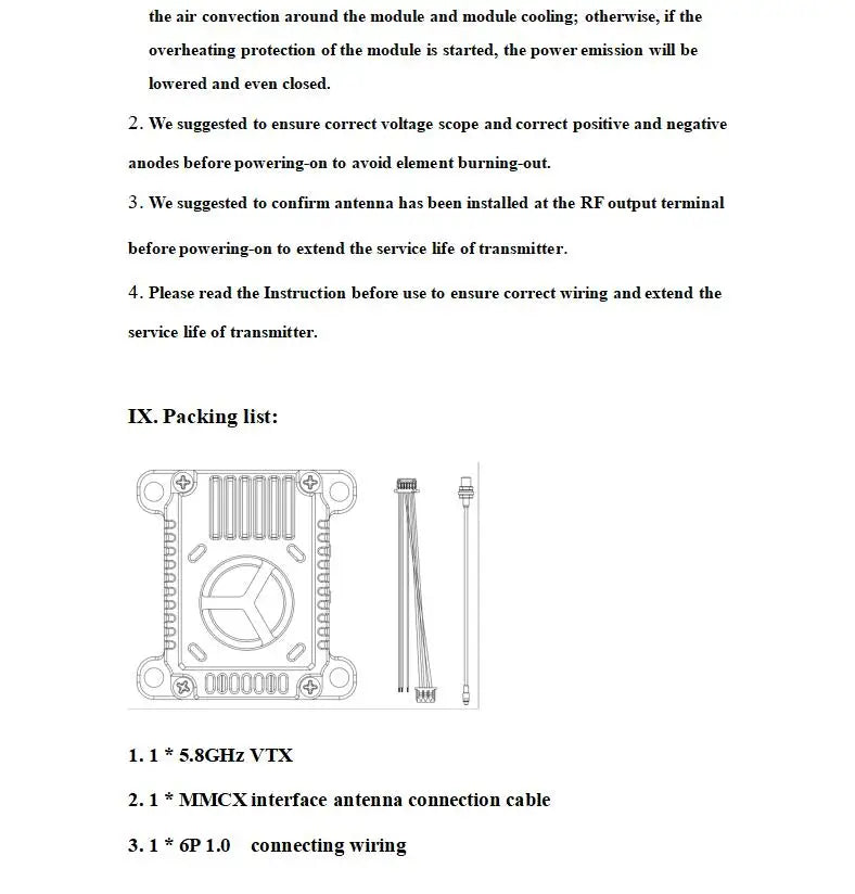 RCMOY 5.8G 3W 48CH VTX, if the overheating protection of the module is started, the power emission will be 