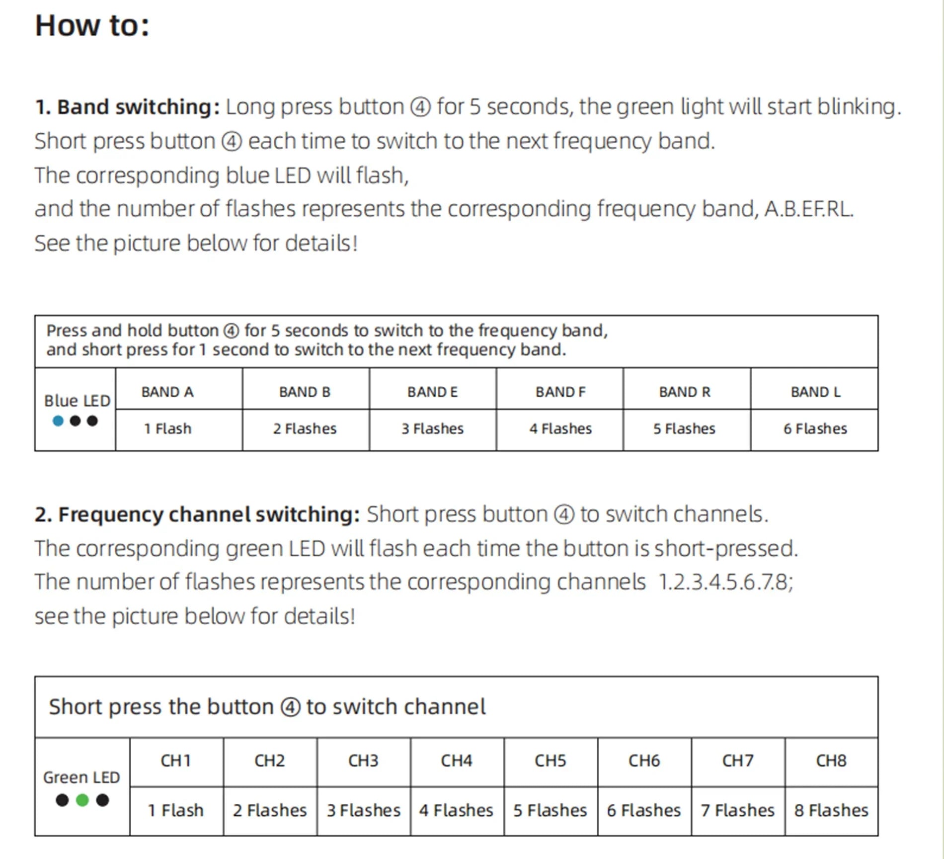 TOTEM 5.8G 2.5W 48CH VTX, the number of flashes represents the corresponding frequency band, A.B.EFRL