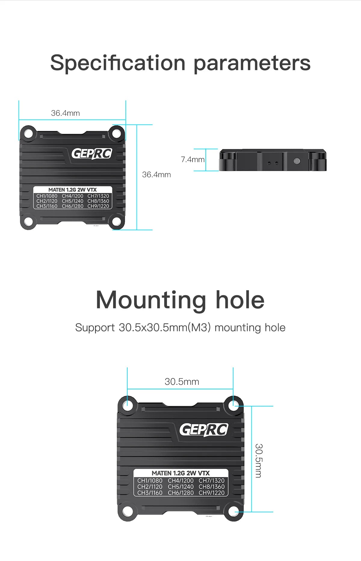GEPRC MATEN 1.2G 2W VTX, Antenna port:50 Ohms Input voltage:DC7-36V