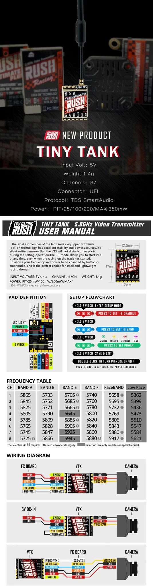 Rush Tiny Tank 5.8GHz 37CH 350mW VTX, the smallest member the Tank series; equipped withRush I2.5mM lock-on