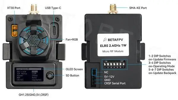 BETAFPV ELRS Micro TX Module - 2.4G 1W Black Version Backpack Built-in Cooling Fan Heat Sink for ELRS 2.4G RX OpenTX Transmitter 12 BETAFPV ELRS Micro TX Module, XT30 Pcrt USB Type-€ SMA-KE Port Fan+