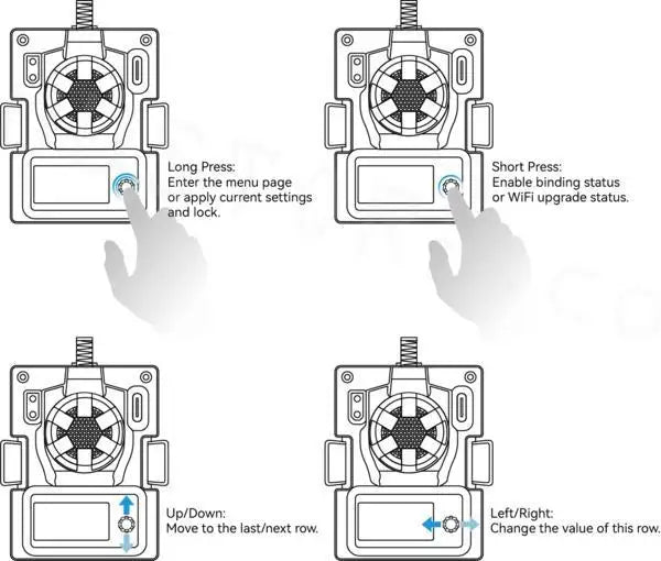 BETAFPV ELRS Micro TX Module - 2.4G 1W Black Version Backpack Built-in Cooling Fan Heat Sink for ELRS 2.4G RX OpenTX Transmitter 19 BETAFPV ELRS Micro TX Module, Enter the menu page Enable binding status or apply current settings or WiFi upgrade status; and lock