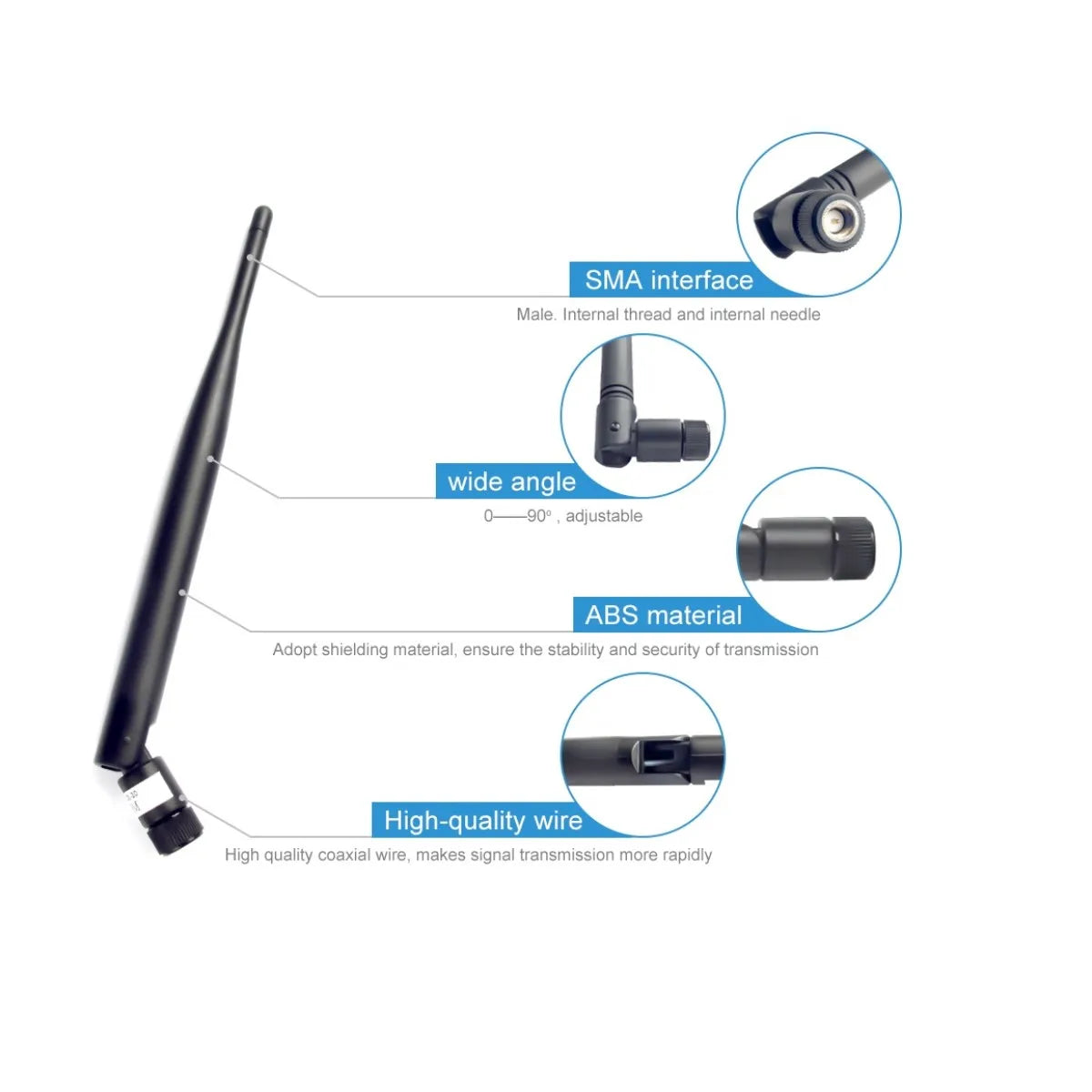 SMA interface Male . Internal thread and internal needle wide angle 90" , adjustable ABS