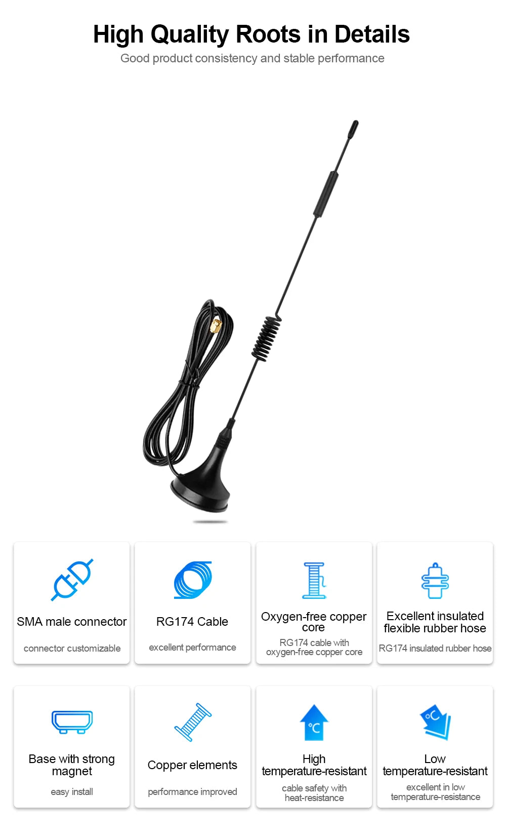 868 MHz Lora Antenna, RG174 Cable Oxygen-free copper Excellent insulated core flexible rubber hose connector