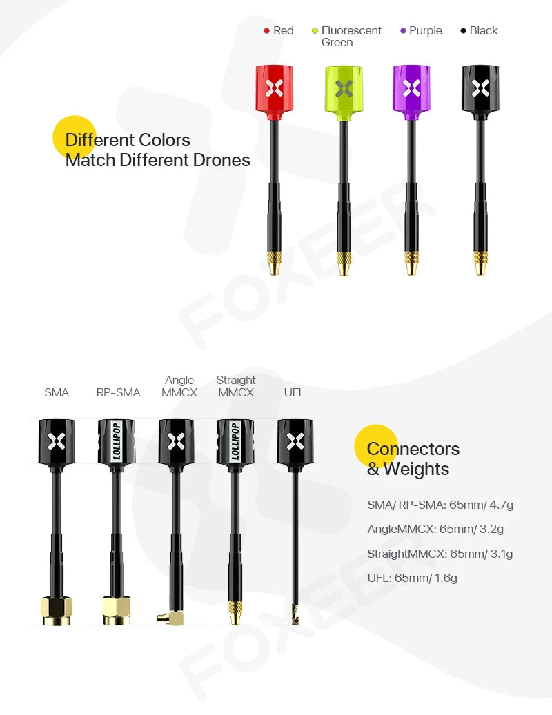 Upgraded Version Foxeer Antenna, Red Fluorescent Purple Black Green Different Colors Match Different Drones Angle Straight SMA