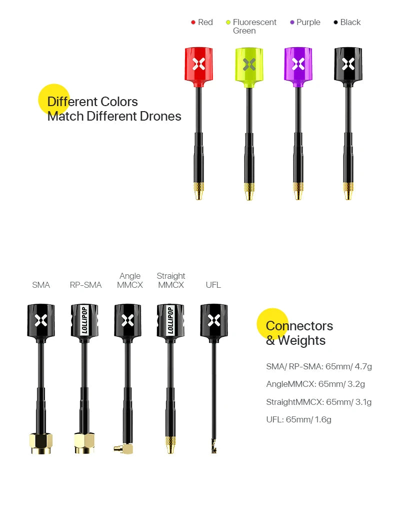 Upgraded Version Foxeer Antenna, Red Fluorescent Purple Black Green Different Colors Match Different Drones Angle Straight SMA