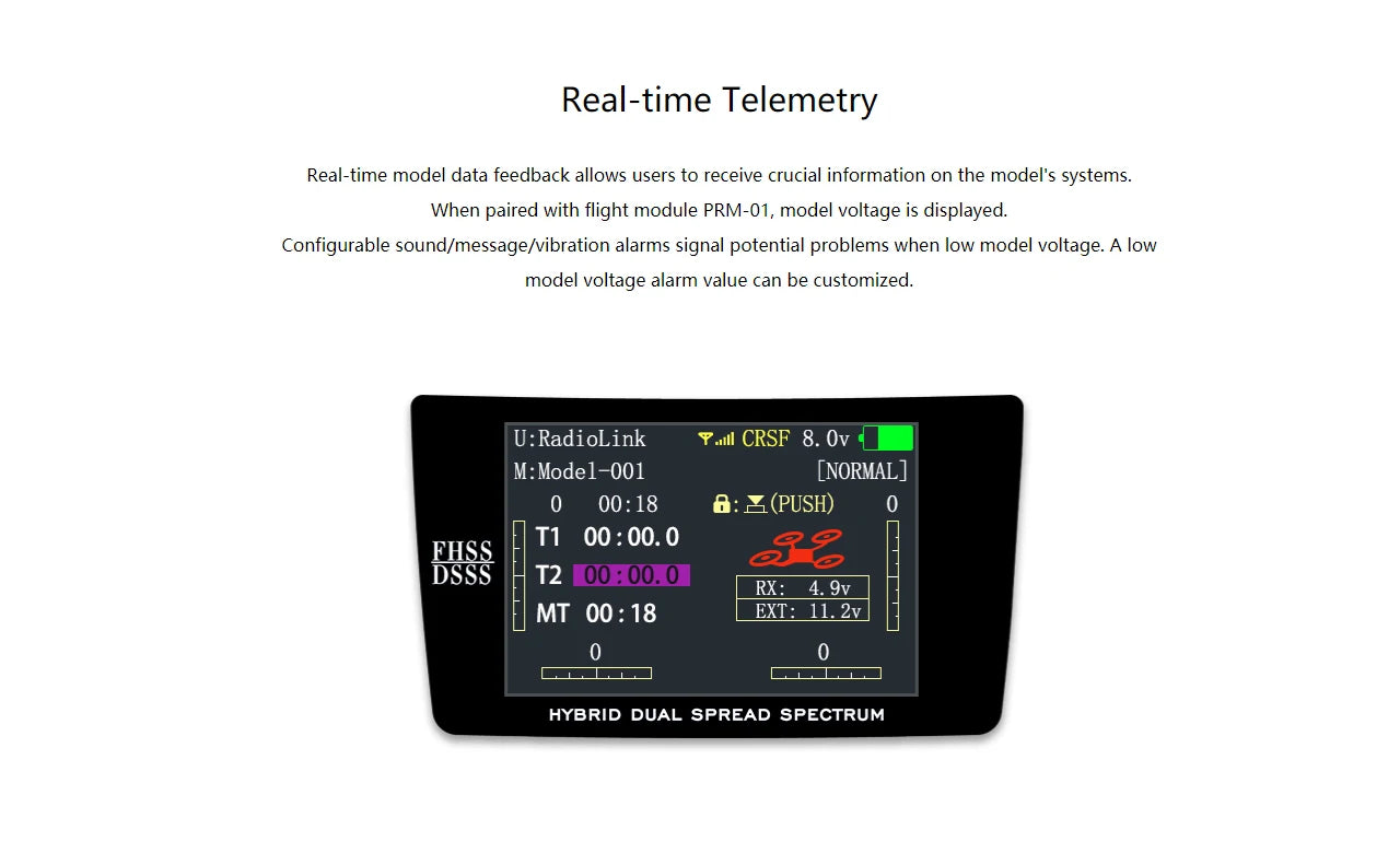 Configurable sound/message/vibration alarms signal potential problems when low model