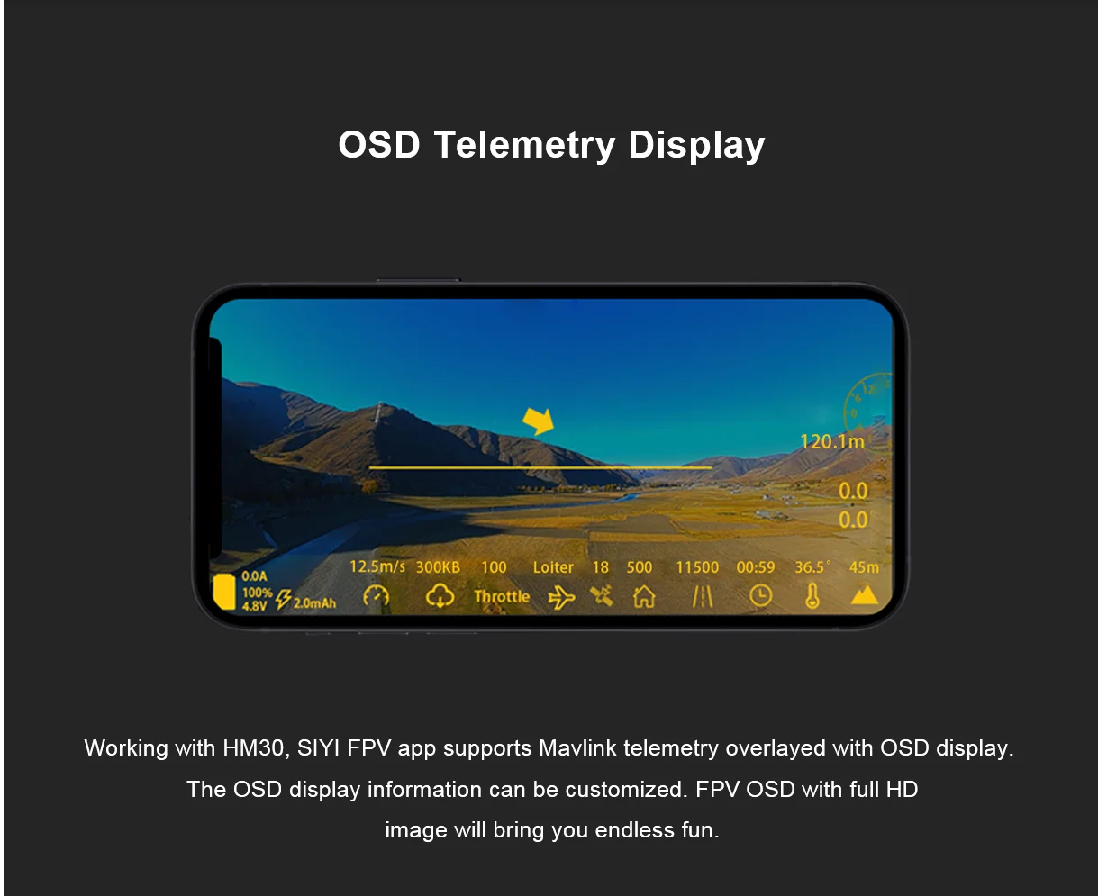 SIYI HM30 Transmitter, OSD telemetry display 120.Im 0.0 0.0 12.Sm/s