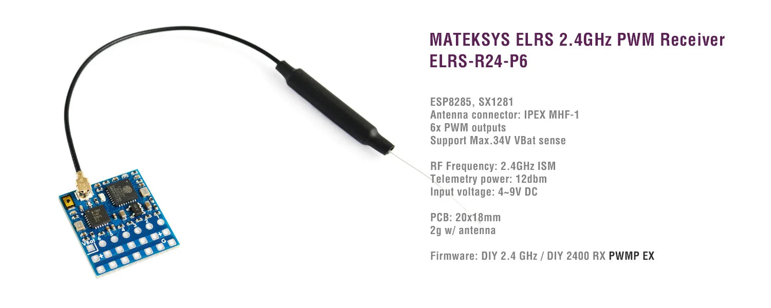MATEK  R24-P6, MATEKSYS ELRS 2.4GHz PWM Receiver ESP8285 