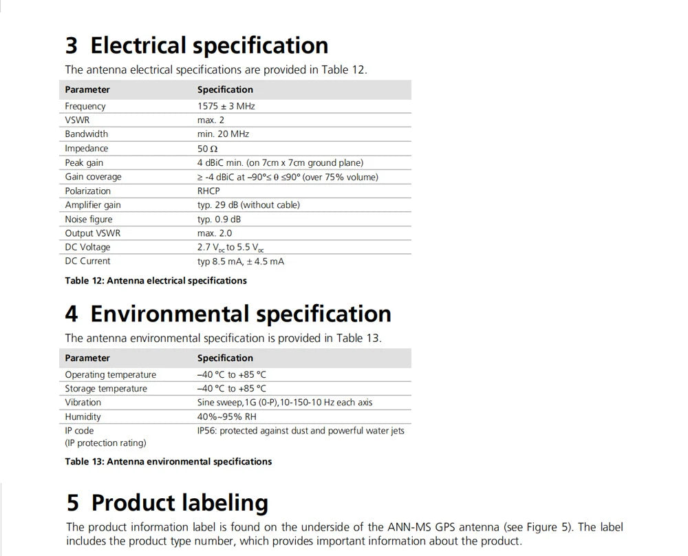 antenna electrical specifications are provided in Table 12 . Frequency 1575 3 MHz 