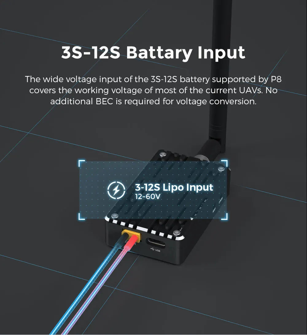 CUAV UAV P8 Radio Telemetry, the wide voltage input of the 3S-12S battery supported by P8 covers the working voltage
